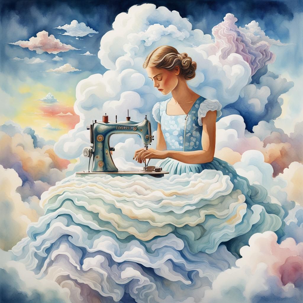 Surrealist Tailor Sewing Cloud Dress in Watercolor Style