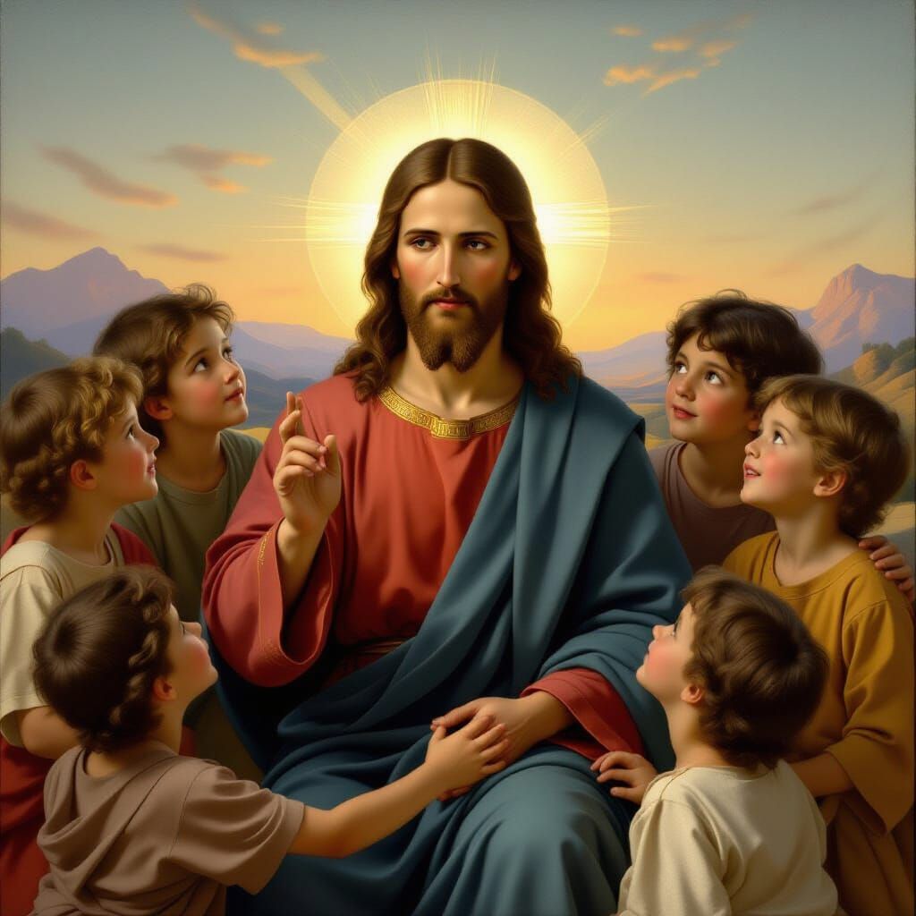 Jesus Surrounded by Children in a Sunny Garden