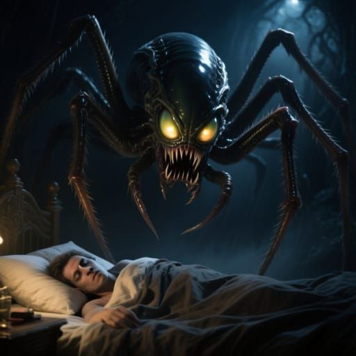 Terrifying Xenomorph Facehugger Spider Creature in Dark Atmo...