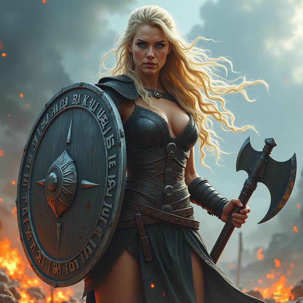 Viking Shieldmaiden in Battle, Hyper-Realistic Norse Art