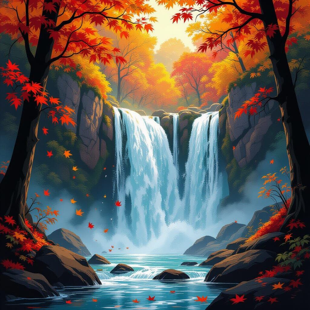 Vibrant Autumn Waterfall in Comic Book Style