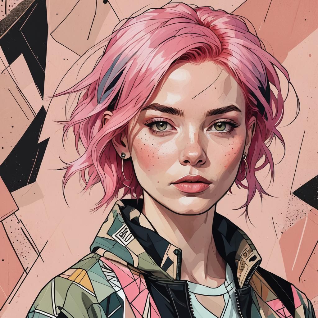 Stylized Portrait with Pink Hair in Graphic Novel Style