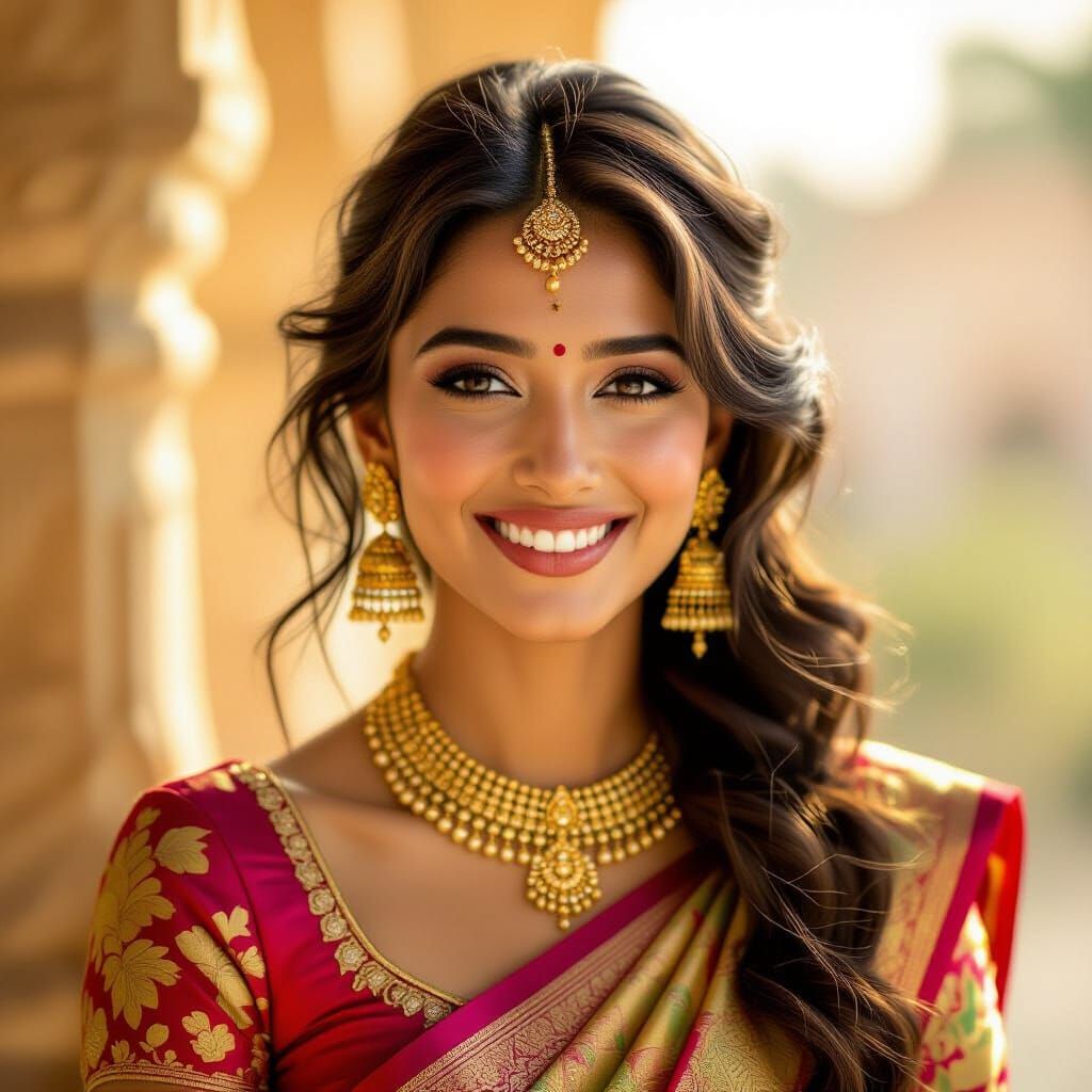 Charming Indian Woman in Silk Blouse with Gold Earrings