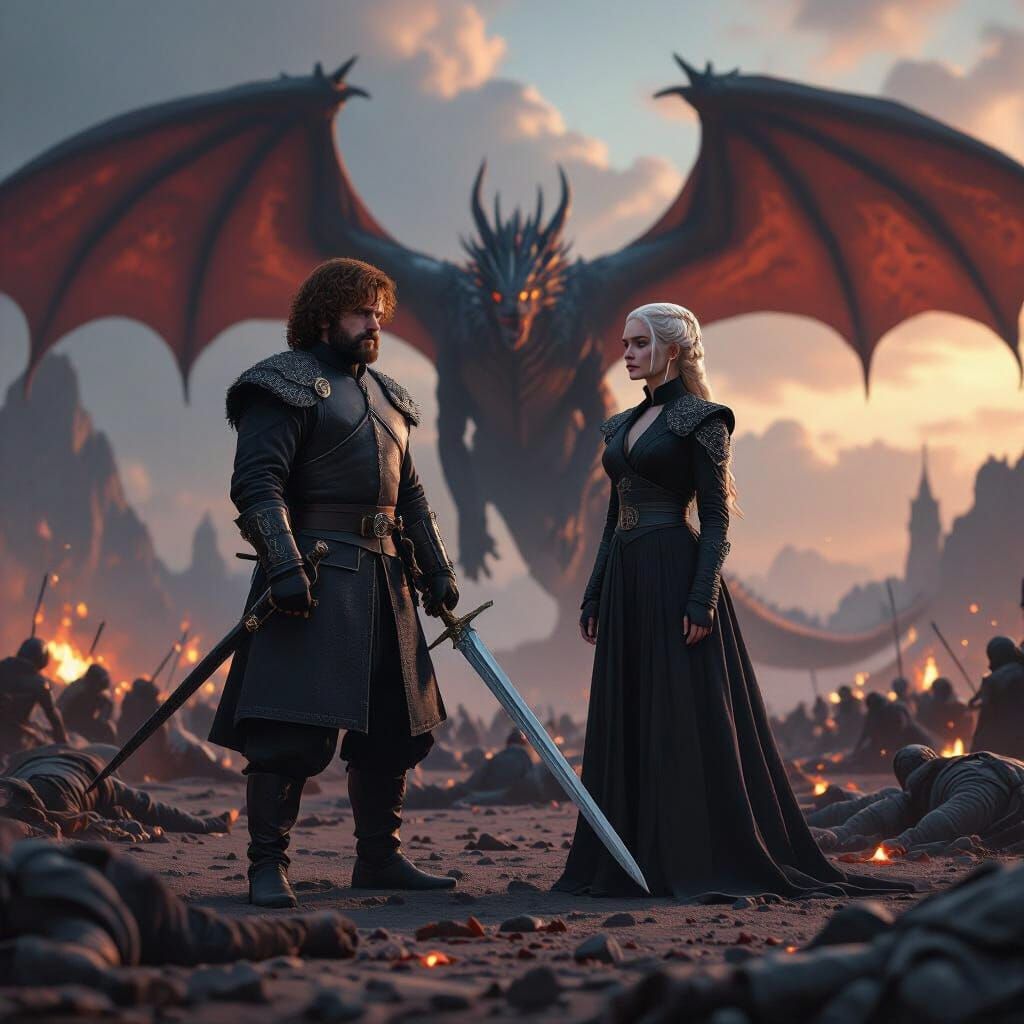 Tyrion & Daenerys on Battlefield with Dragon