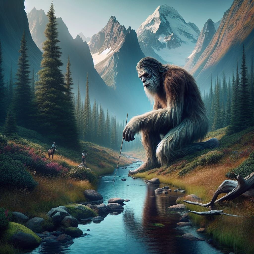 Bigfoot Fishing in a Mountain Stream