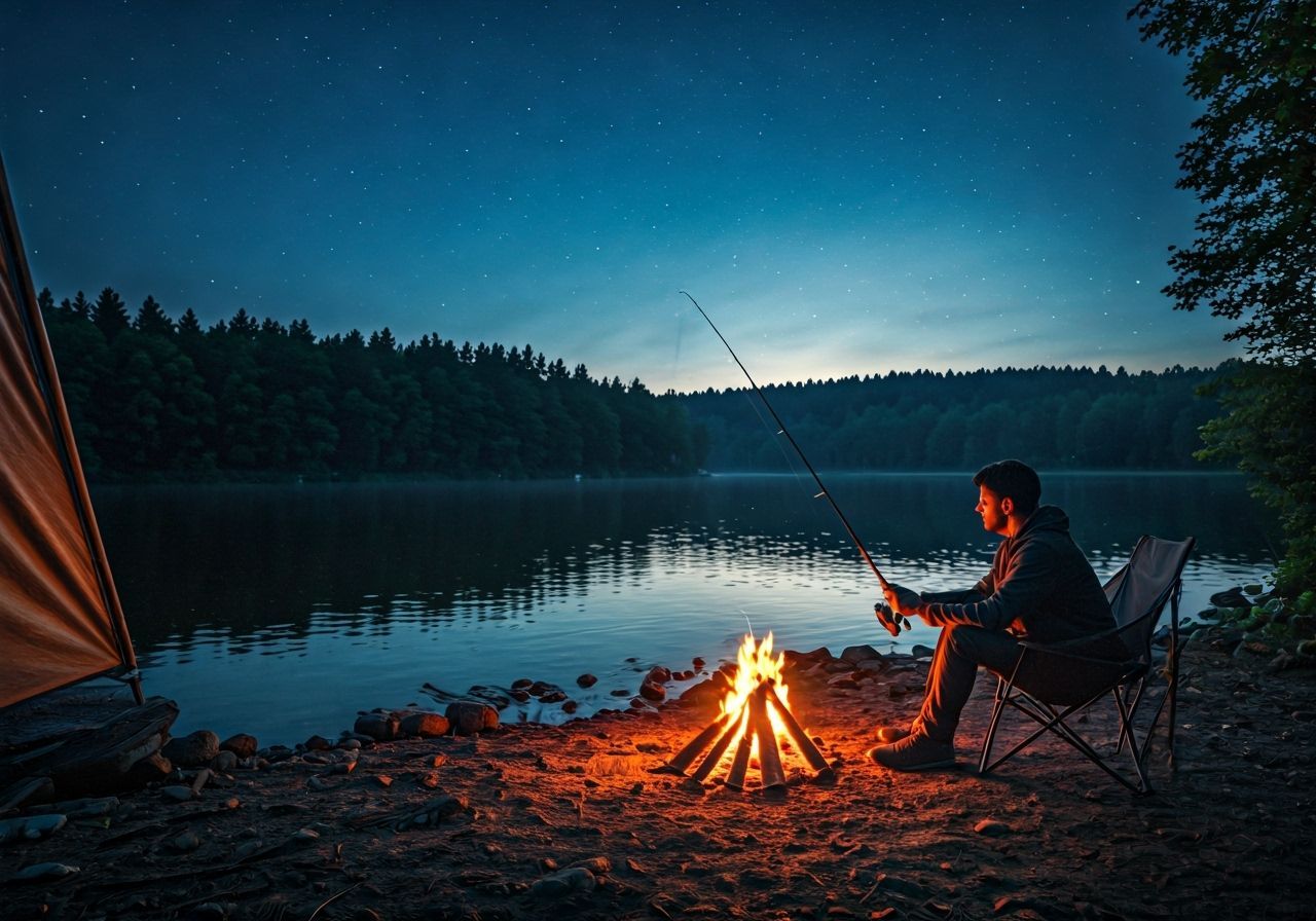 Relaxed Man Fishing by Campfire at Night