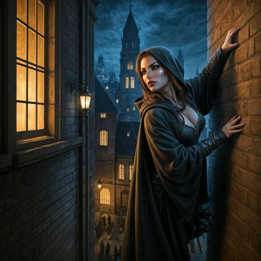 Dark Rogue Perched Above City Street at Night