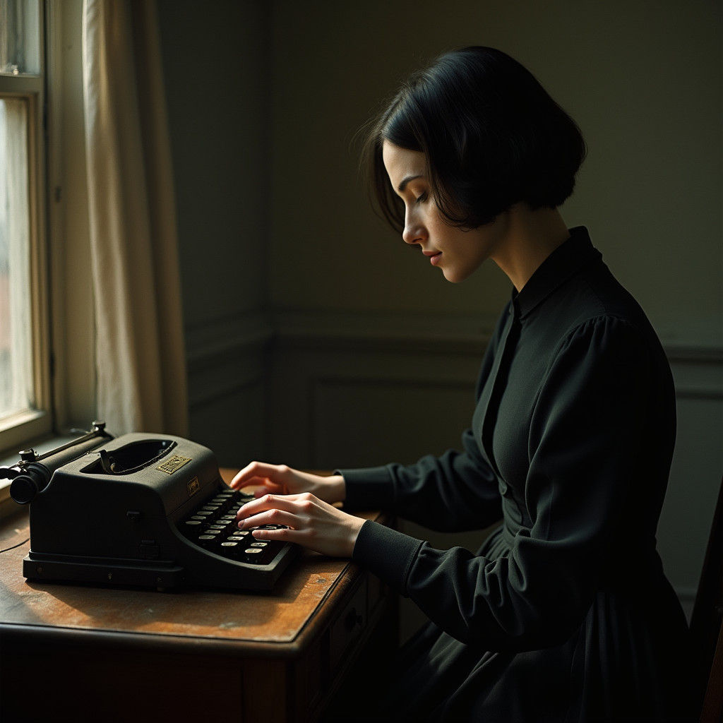 Nostalgic Portrait of Woman at Typewriter