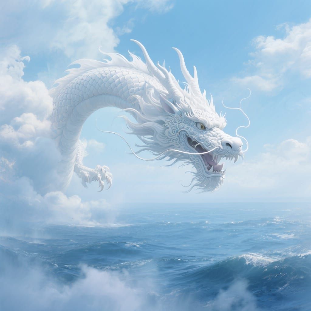 Majestic White Dragon Ascends Through Ethereal Sky
