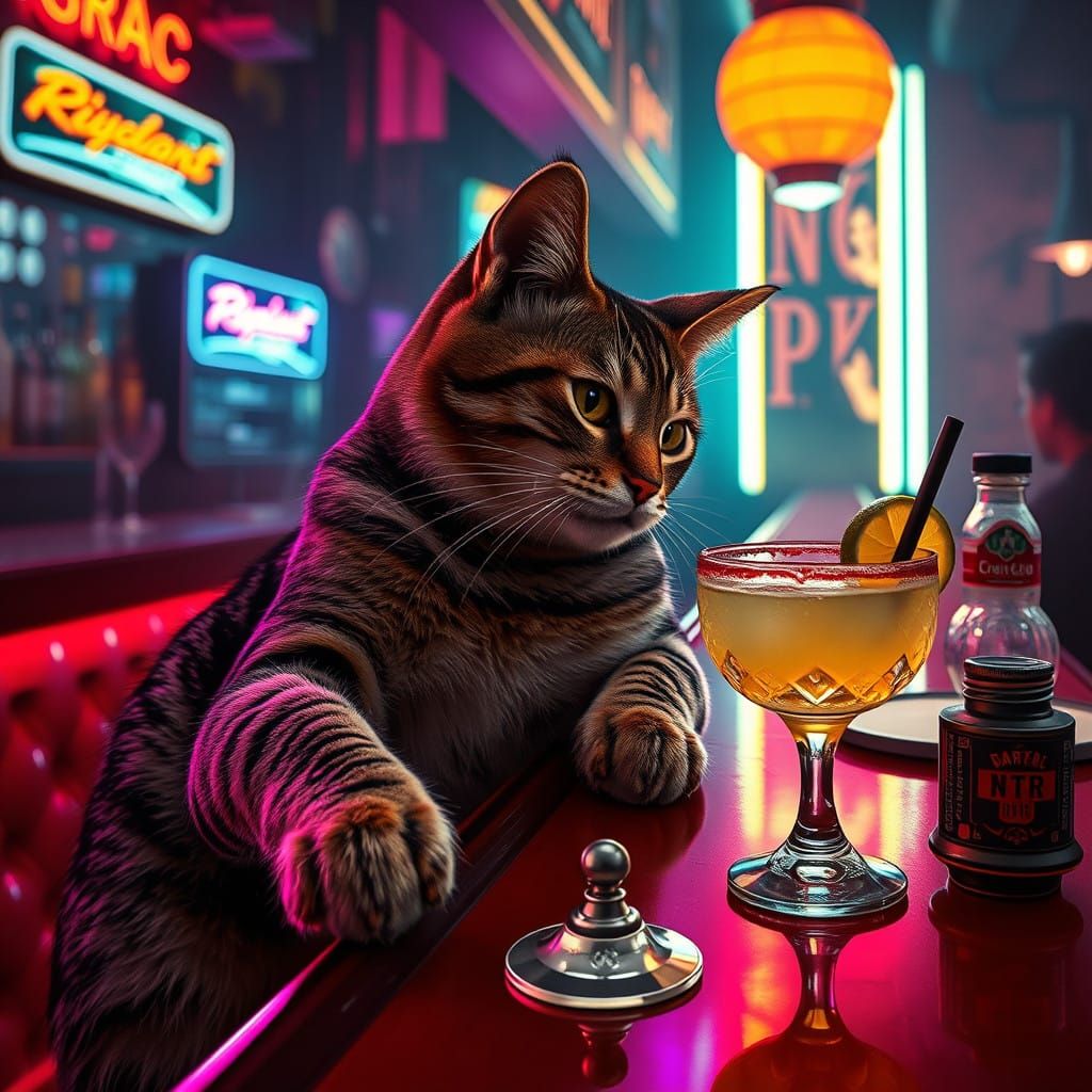 Cyberpunk Cat Enjoys Margarita at Neon Diner