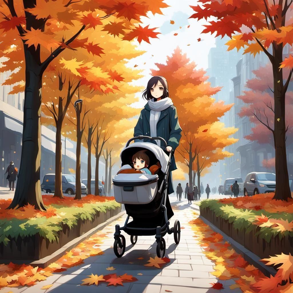Anime Style: Young Mother in Autumn with Stroller