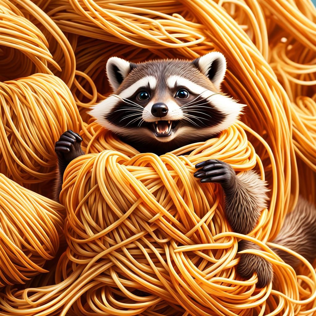 Whimsical Raccoon and Spaghetti, Detailed Digital Art