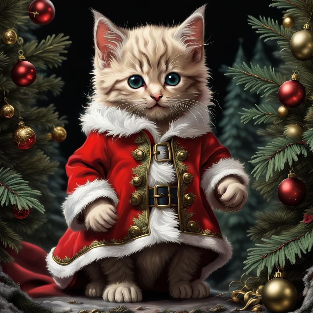 Cute Kitten Santa in Christmas Tree Forest
