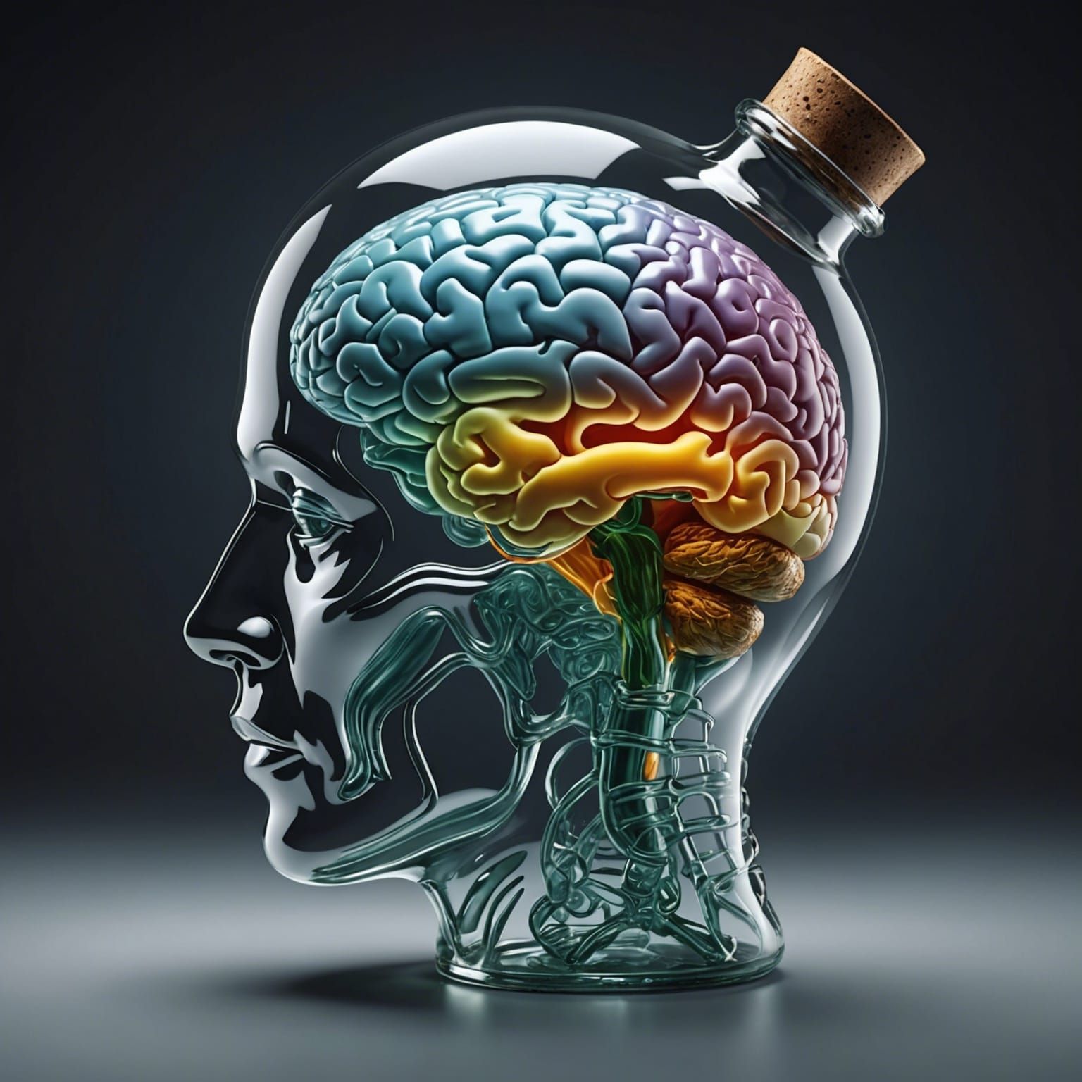 Surreal Glass Head Bottle with Floating Brain