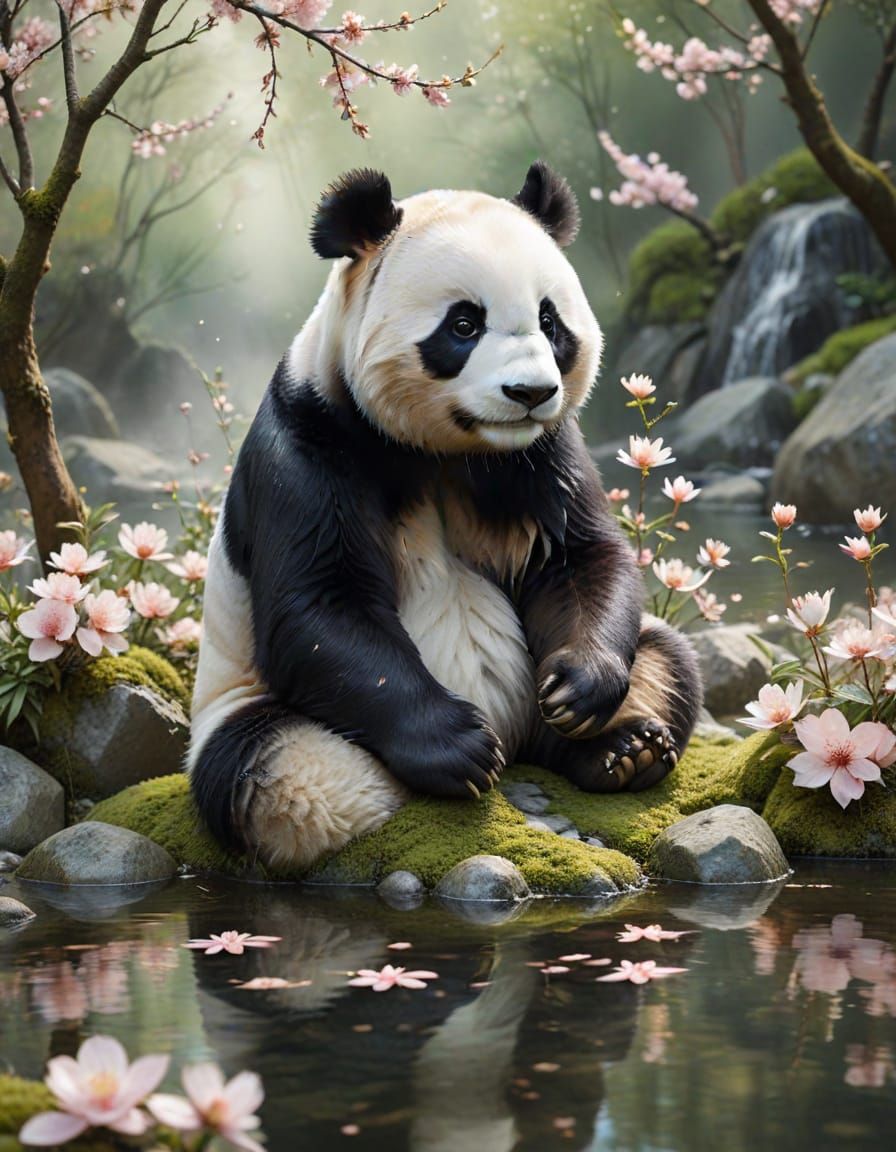Meditating Panda in Zen Garden: Watercolor Art