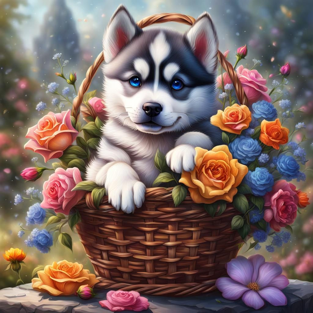 Basket of Flowers with Puppy in Oil Painting