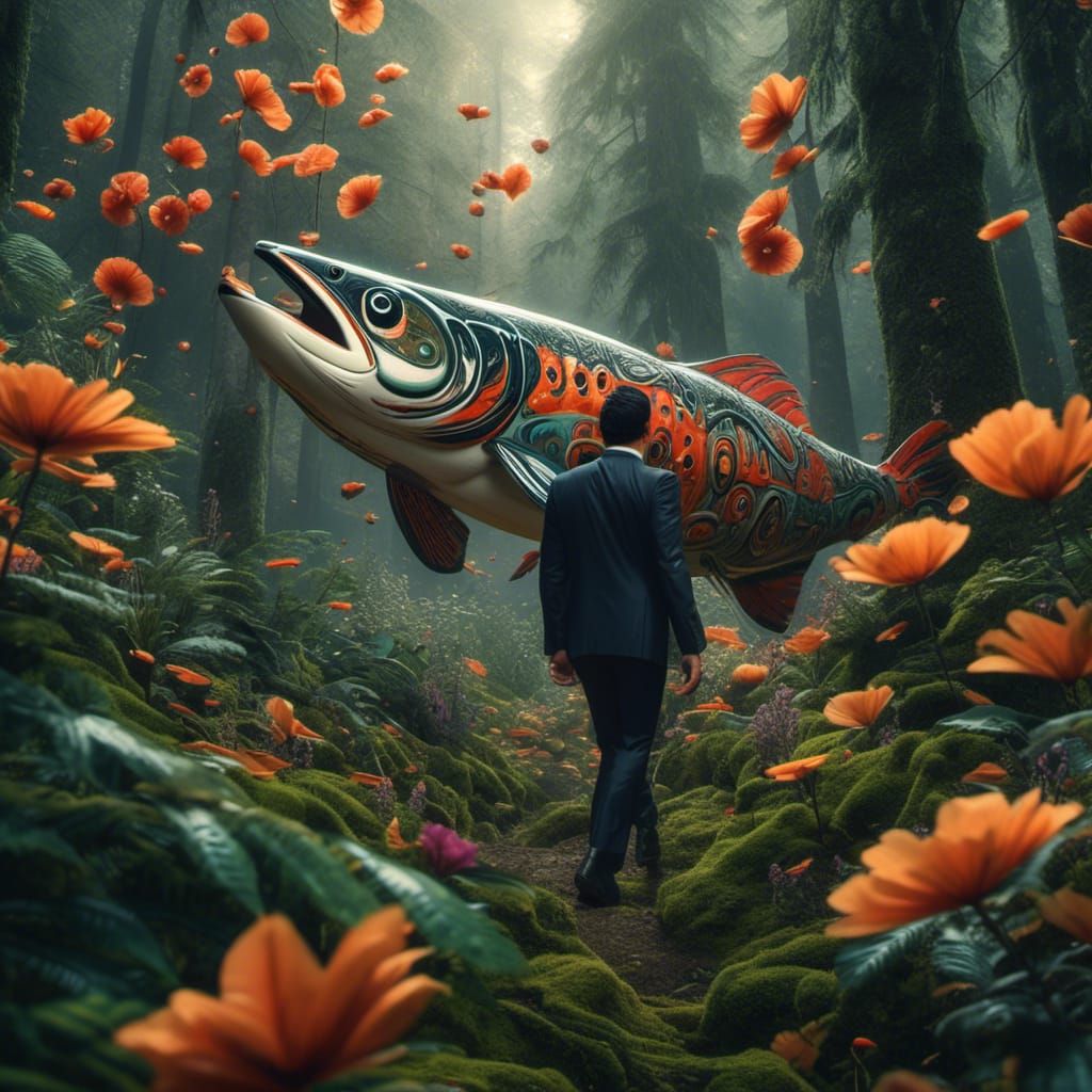 Anthropomorphic Salmon Runs Through Forest: Digital Art