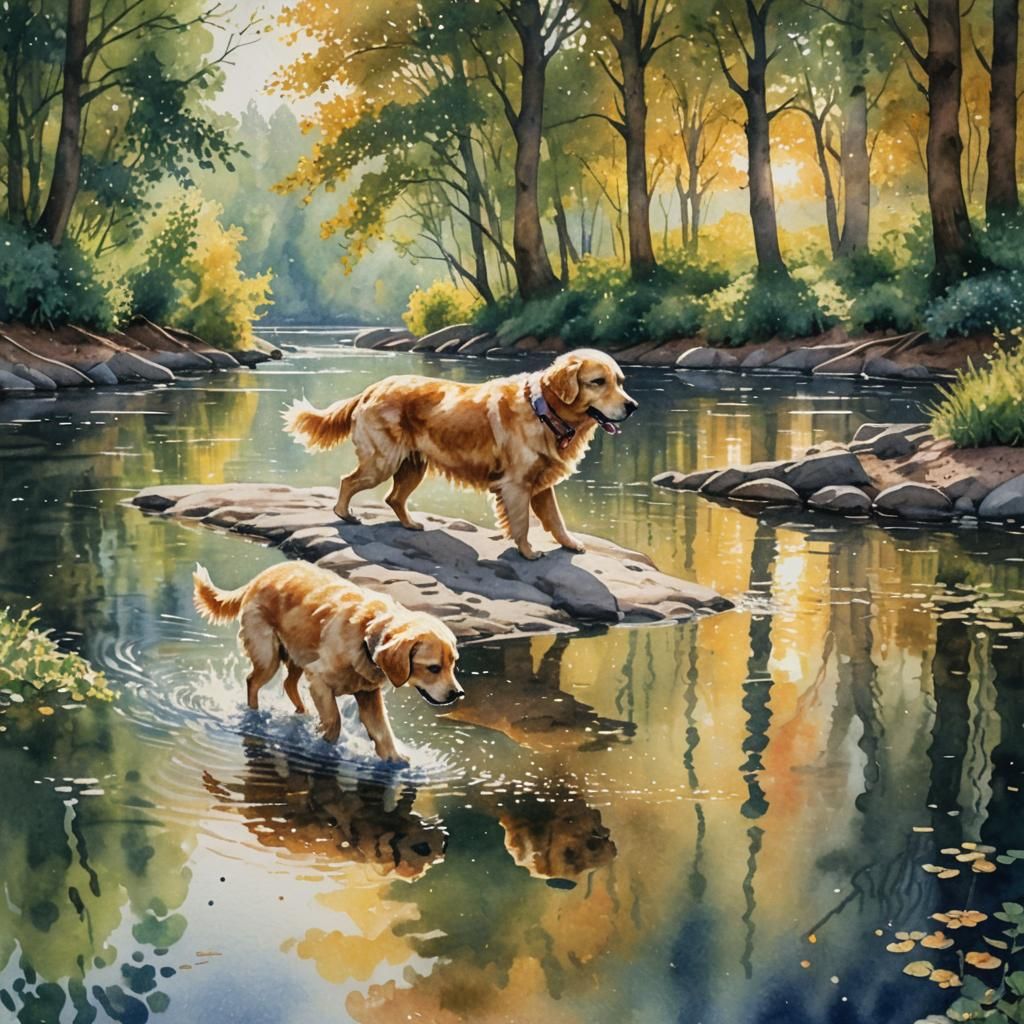 Pointillism Realistic watercolor image of a golden retriever walking along the river and a lovely kitten on his back qaj...