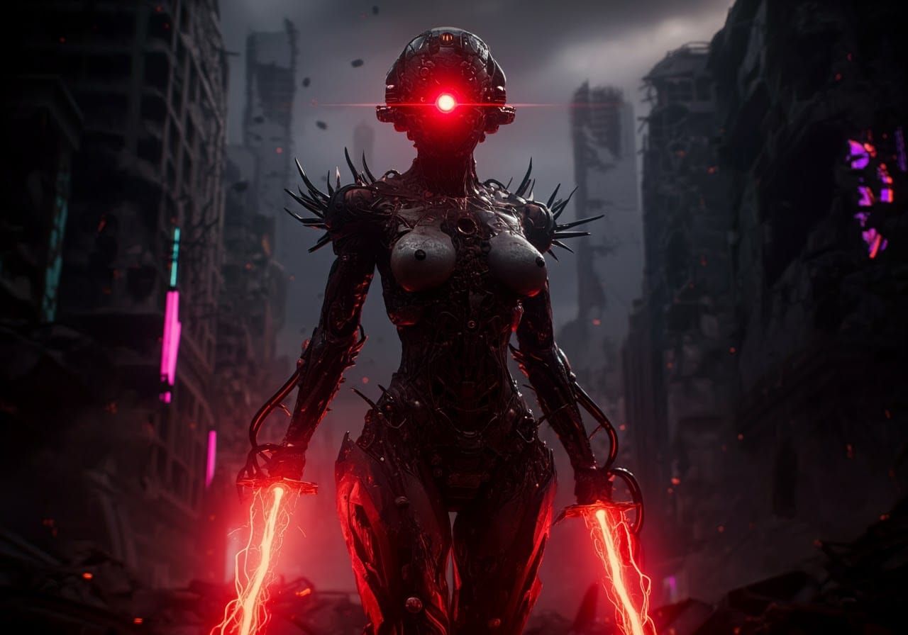 Cybernetic Warrior in Dystopian City Ruins
