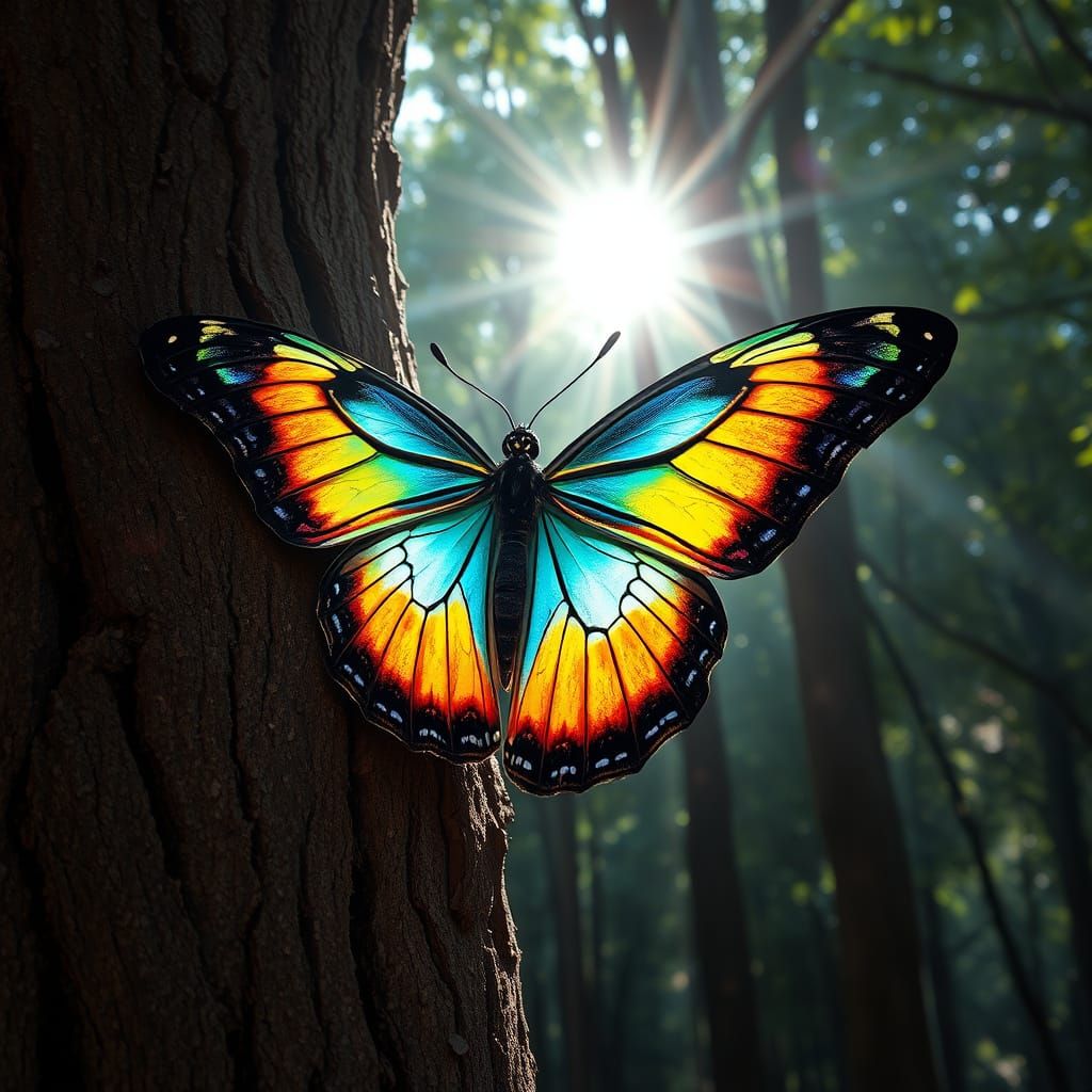 Exotic Butterfly Poses on Ancient Tree Bark in Vibrant Color...