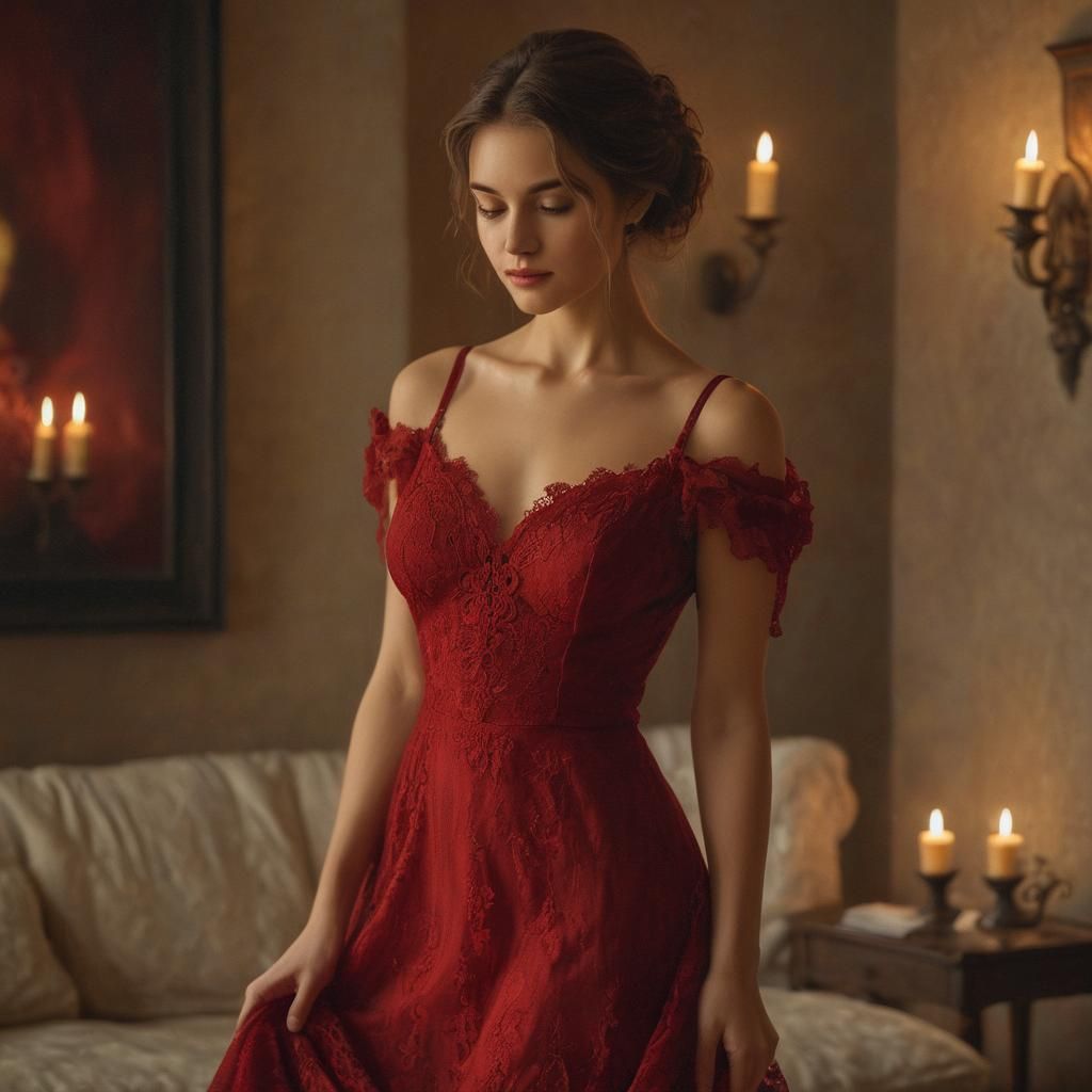 Woman in Red Lace Dress: Impressionist Candlelight Portrait