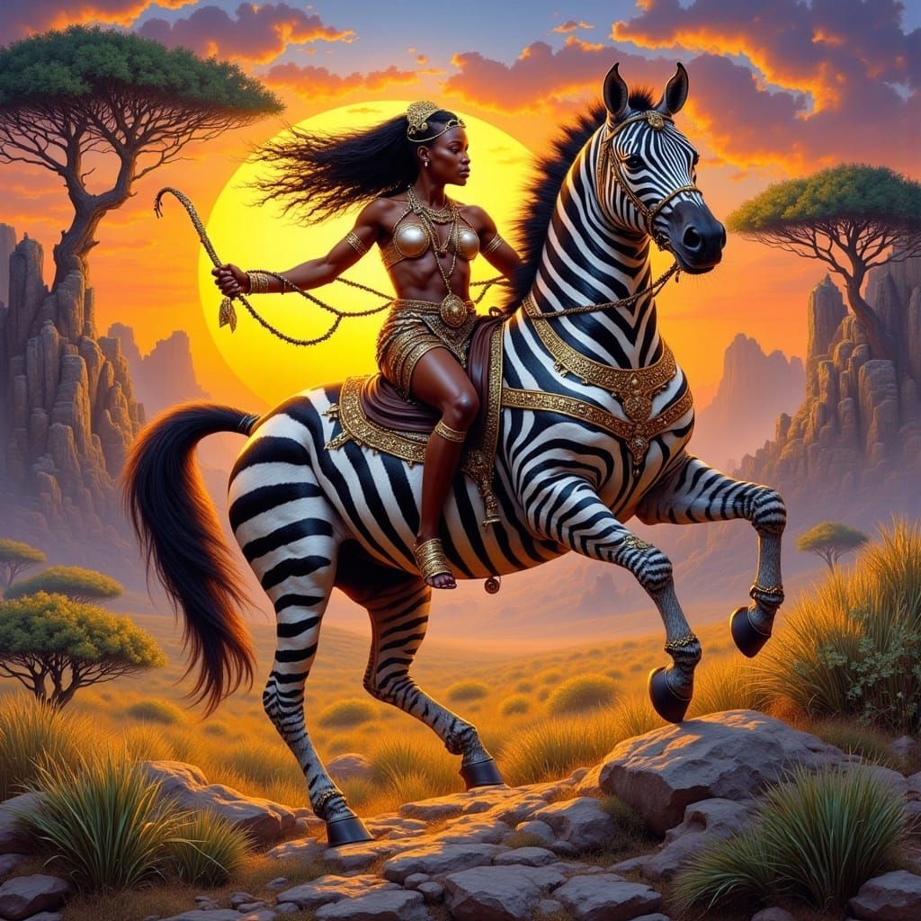 Majestic African Warrior Princess Rides Fractal Zebra in Sun...