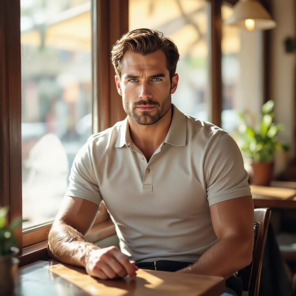Man in Cafe with Piercing Eyes, in Realistic Style