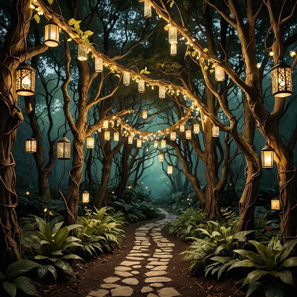Mystical Forest Path with Guiding Lanterns