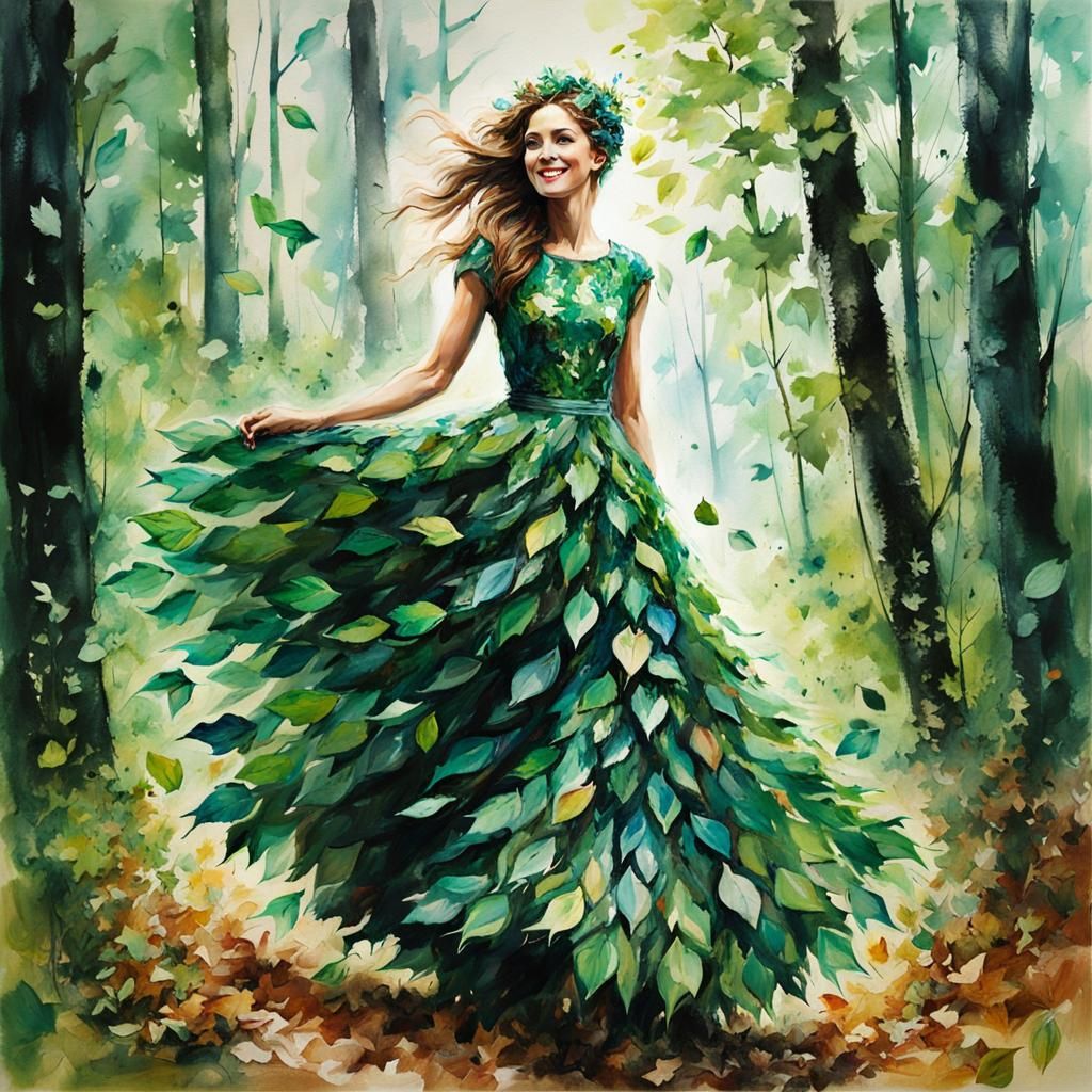 Leaf Dress in Forest, Impressionist Style