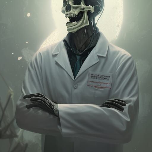 Grinning Scientist with Glowing Skeleton in Laboratory