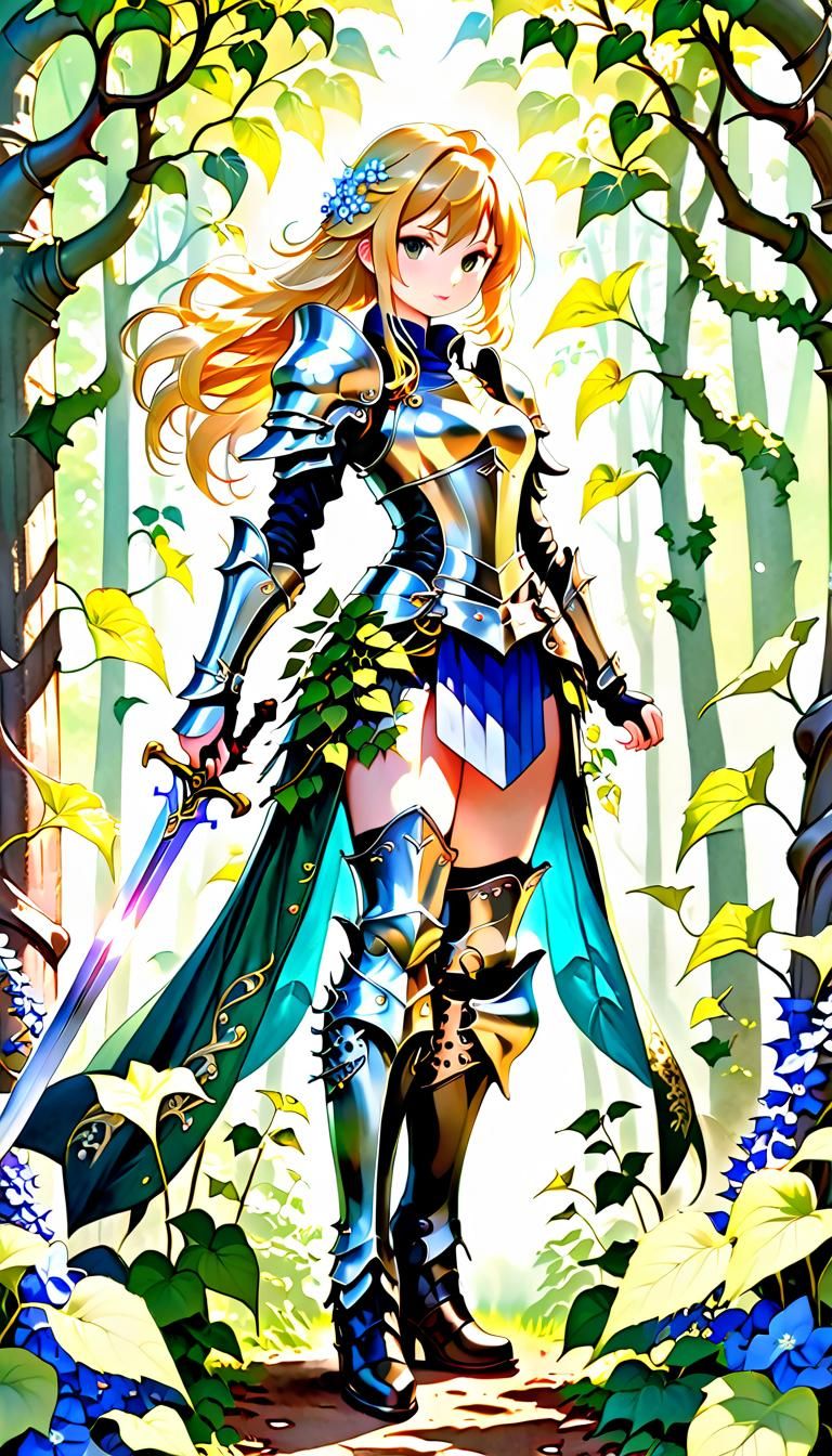 Female Knight in Floral Armor, Manga Watercolor Style