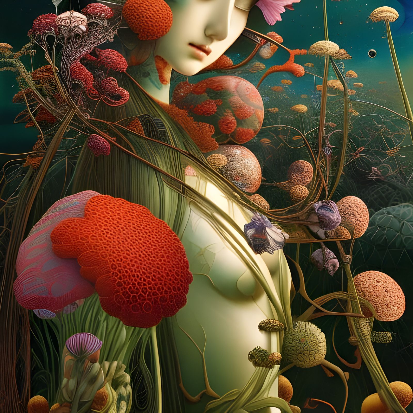 Surreal Botanical Collage of Girl with Flowers