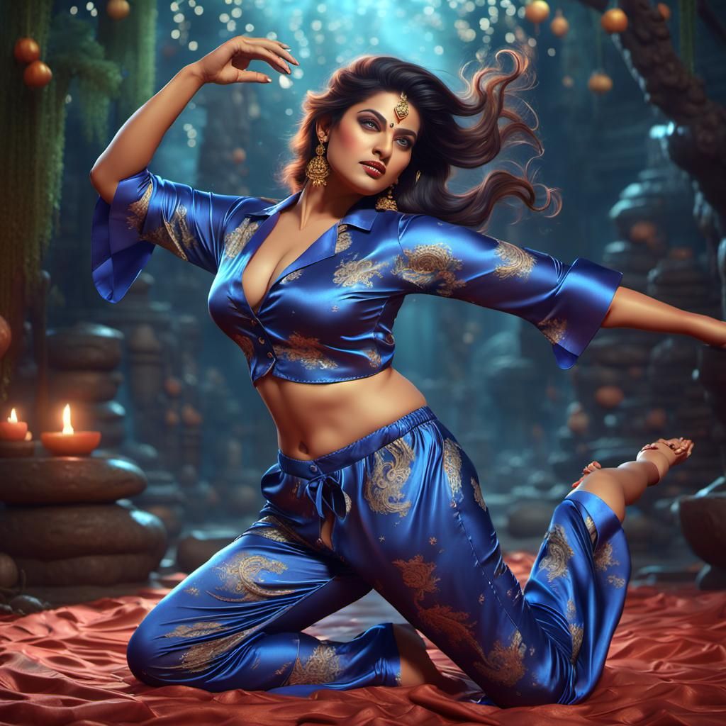 Fantasy Indian Beauty in Satin Pajamas, Digital Art