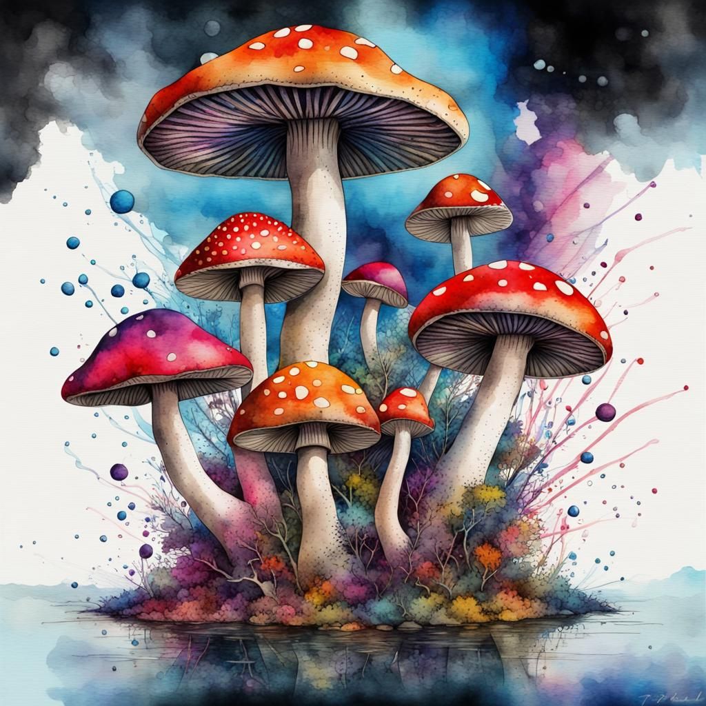 Psychedelic Mushrooms in Watercolor Trash Polka Style