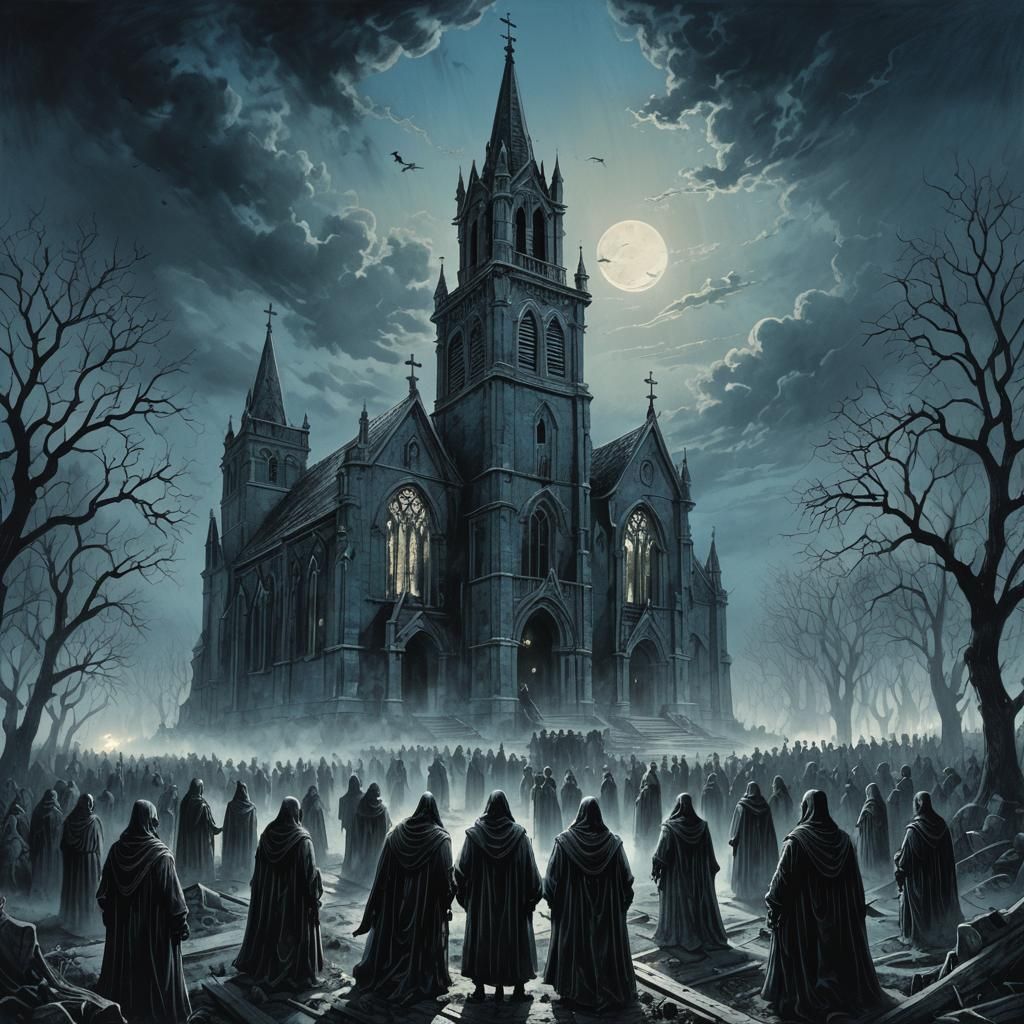 Thirteen Ghostly Figures Gather at Dusk