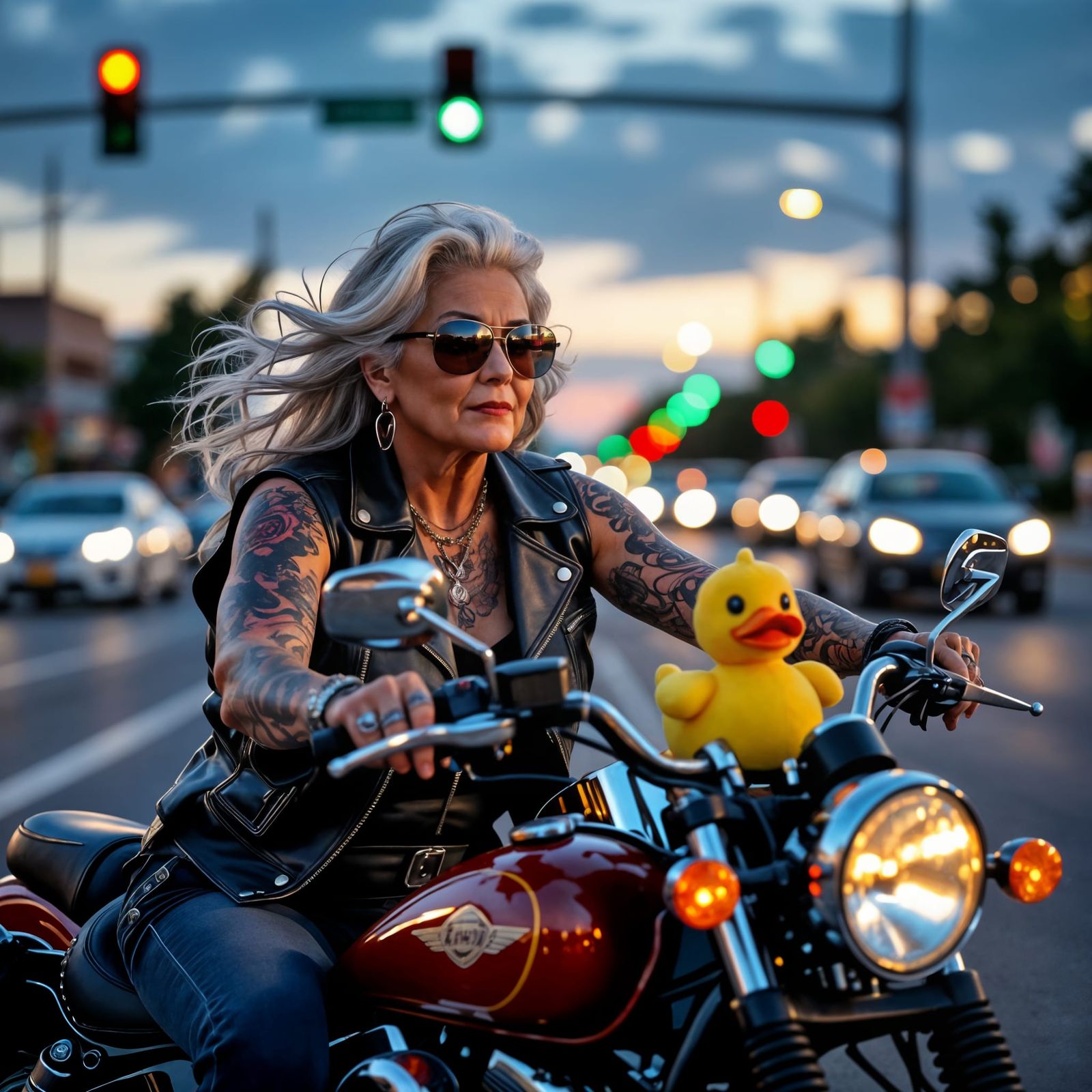 Tattooed Biker Grandma Revs Motorcycle in Dusk Lighting