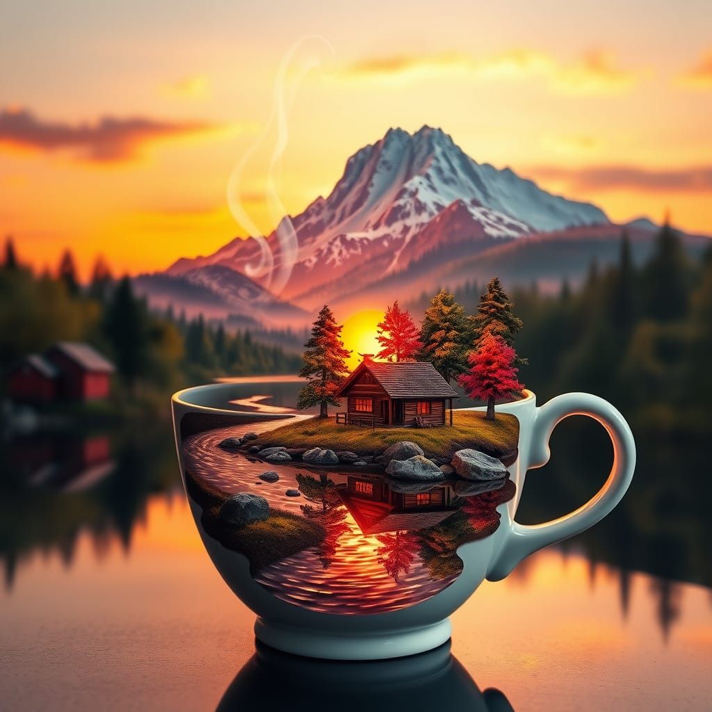 Double Exposure Coffee Cup with Mountain Landscape