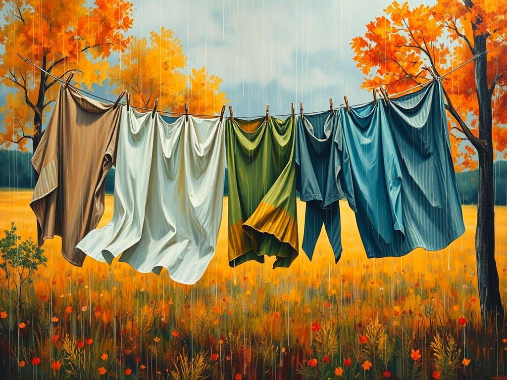 Clothesline Washed by Autumn Rain as Gouache Painting