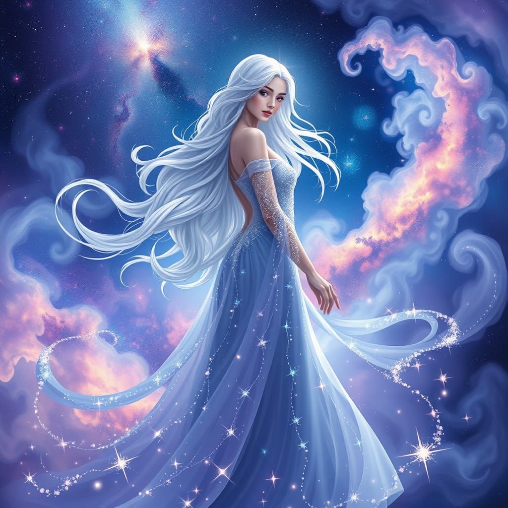 Ethereal Goddess Emerges from Cosmic Smoke, Set against Vibr...