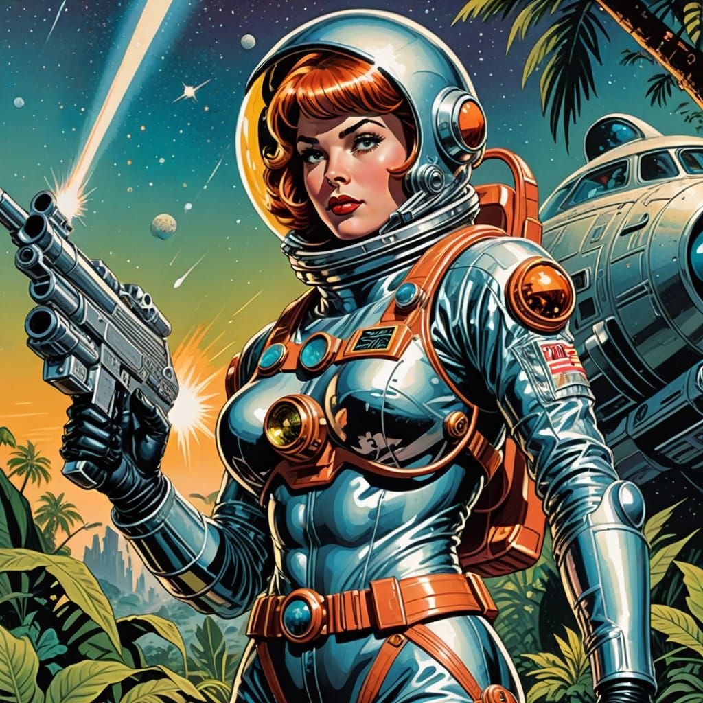 Retro Comic: Astronaut Exploring Alien Jungle Planet