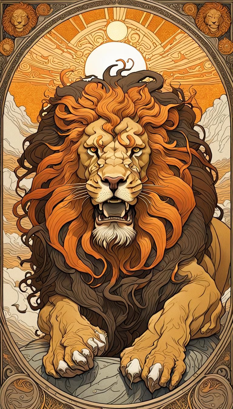 Samson Wrestles Lion: Art Nouveau Oil Painting