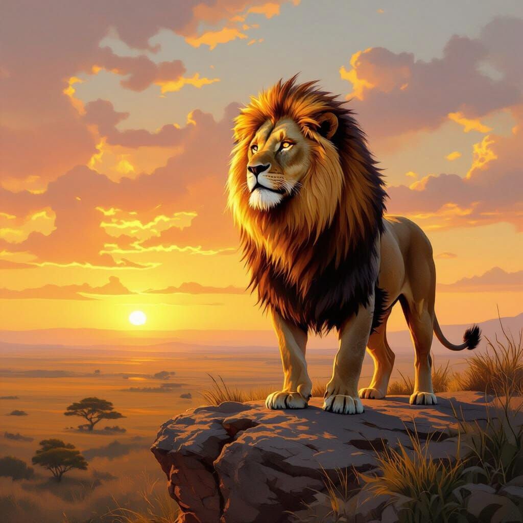Majestic Lion with Fiery Mane at Sunset
