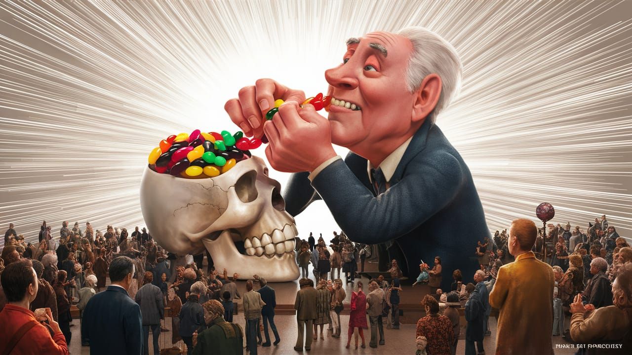 Large Old Man eating Jelly Beans Out of The Flip Top Skull o...
