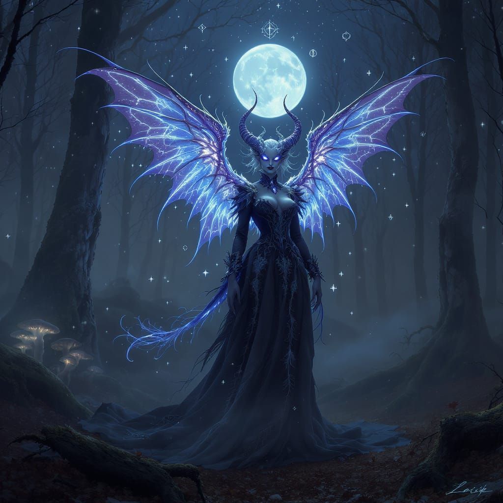 Ethereal Winged Creature in Moonlit Landscape