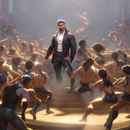 Handsome Teacher Surrounded by Students: Hyperreal Portrait