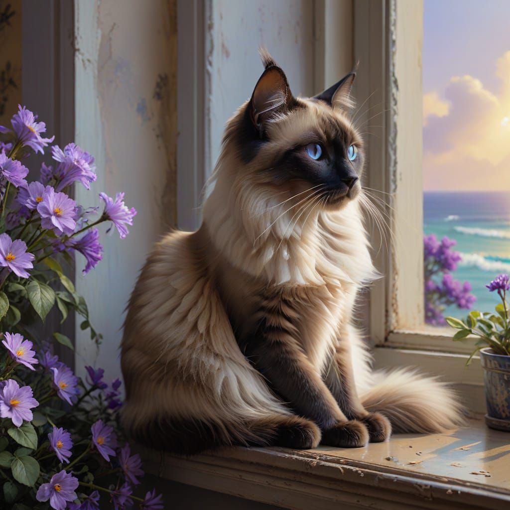 Siamese Cat on Windowsill, Ocean View Oil Painting