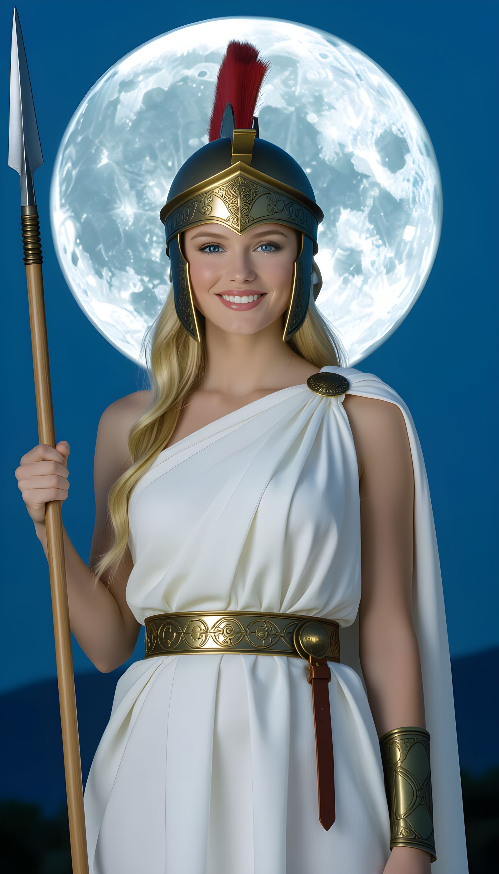 Ancient Greek Spearwoman in Toga Holding Spear Under Moon
