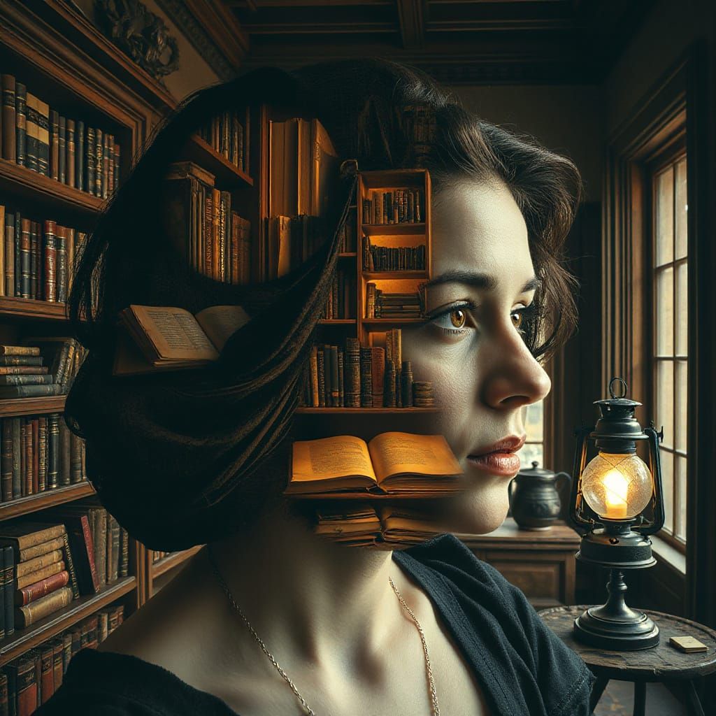 Woman Lost in a Cozy Library of Vintage Dreams