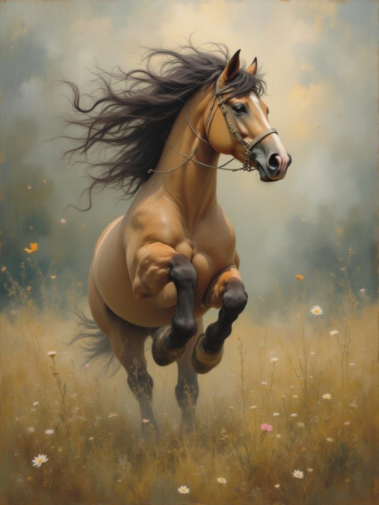 Majestic Horse Runs Free in Atmospheric Landscape