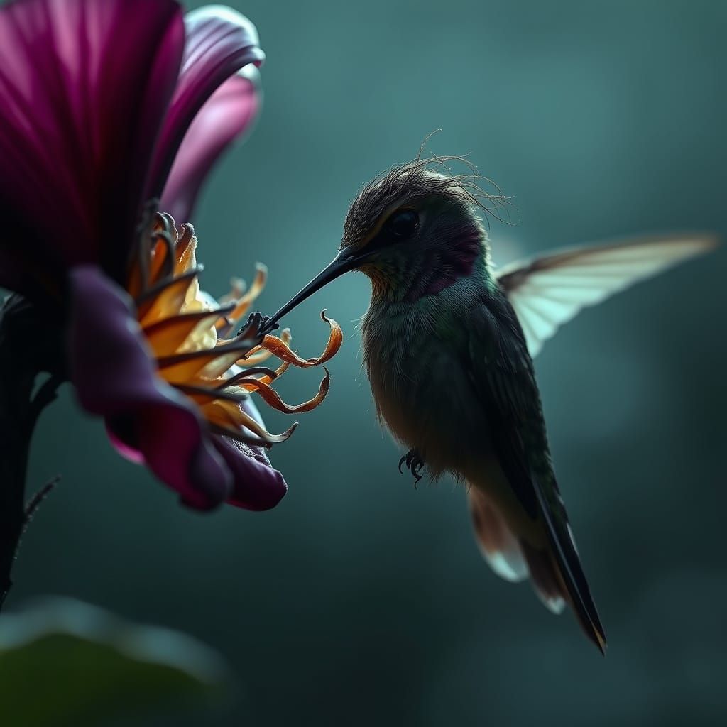 Zombie Hummingbird Sipping Nectar in Gothic Digital Art